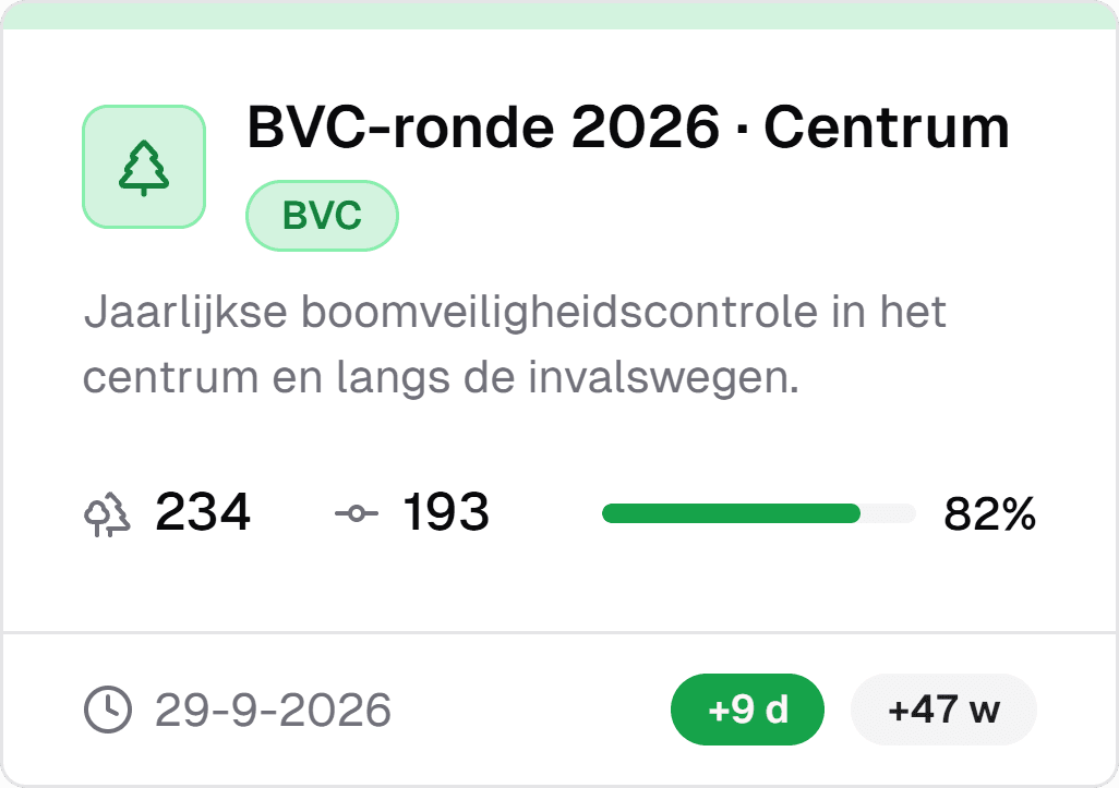 De frontoffice-app op een telefoon: de projectkaart met de teller van afgeronde bomen en knoppen voor filter, lasso en zoeken.