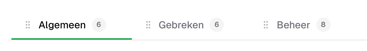De categorietabs van het BVC-model in IDA: Algemeen met 6 kenmerken, Gebreken met 6 en Beheer met 8.
