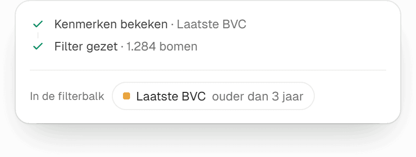 De stappen van de Assistent, kenmerken bekeken en filter gezet voor 1.284 bomen, en het filter Laatste BVC ouder dan 3 jaar in de filterbalk.