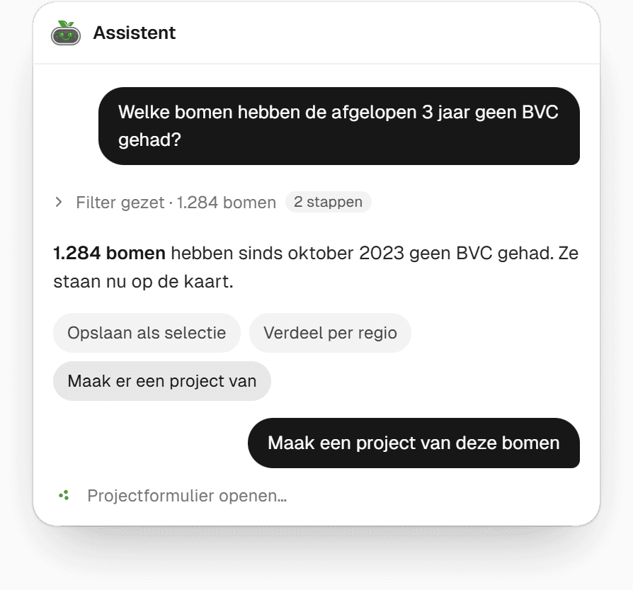 Het paneel met het antwoord op een vraag over de BVC, de vervolgstappen met Maak er een project van, en de vraag om er een project van te maken terwijl het projectformulier opent.