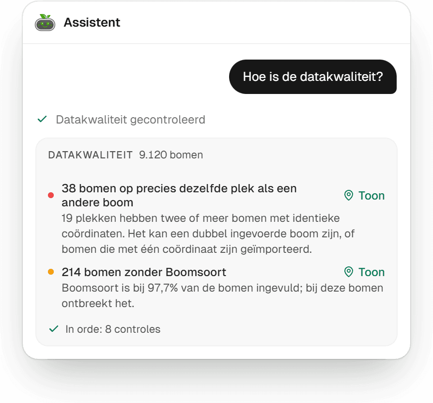 Het paneel met de controle van de datakwaliteit: bomen op dezelfde plek en bomen zonder boomsoort, elk met een link naar de kaart, en acht controles in orde.