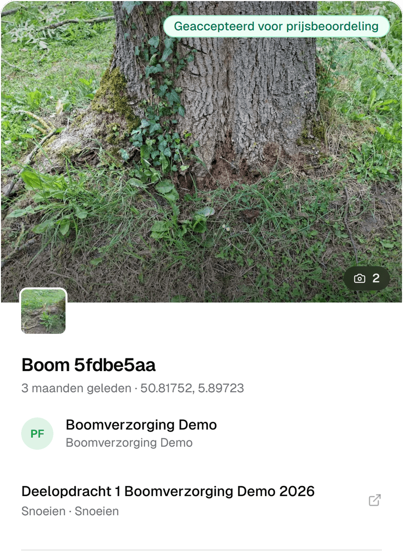 Een afwijking uit het veld in IDA: de bewijsfoto van een stamvoet, de boom, de aannemer en het project.