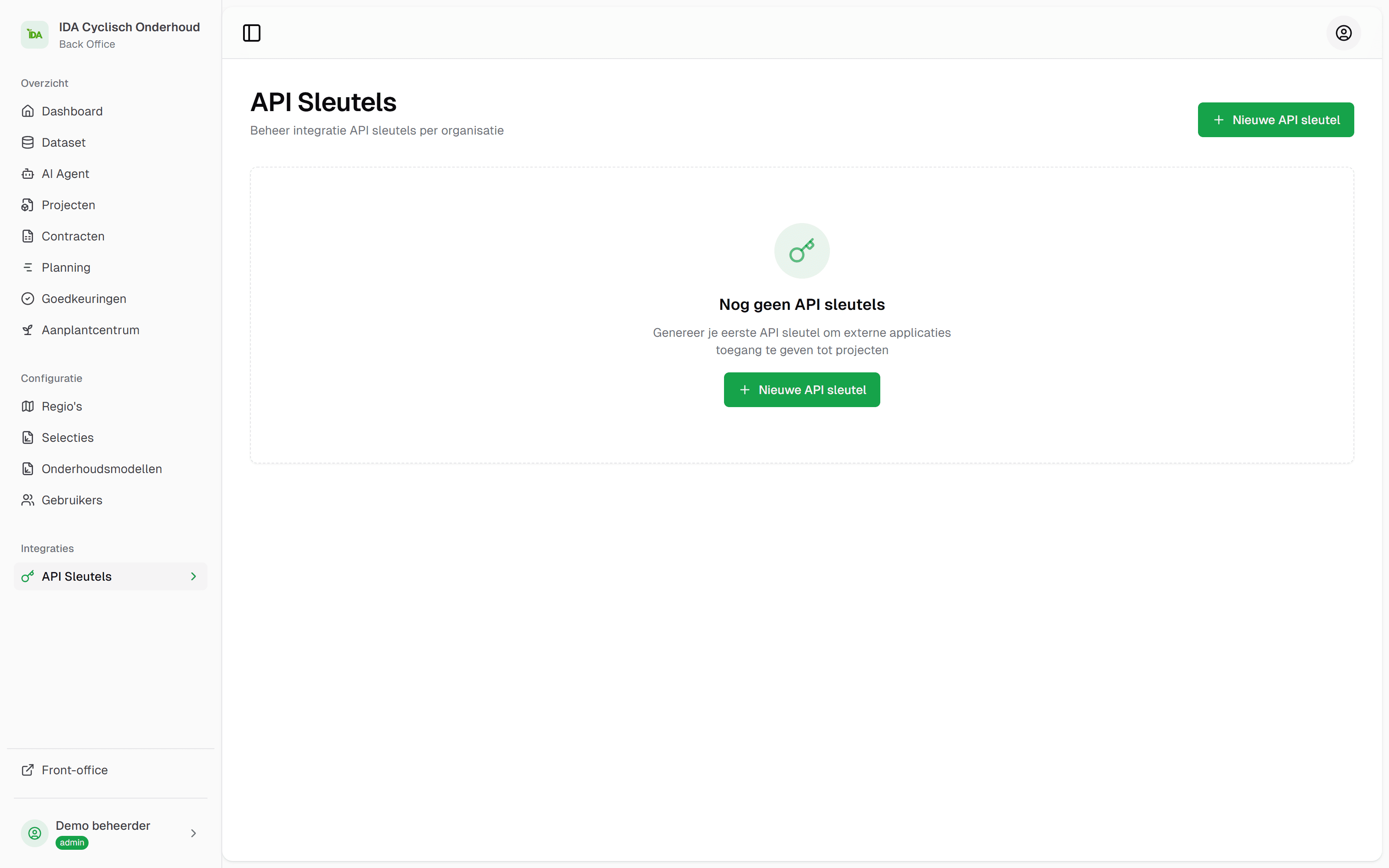 De kop van de pagina API-sleutels in IDA: sleutels per organisatie beheren.