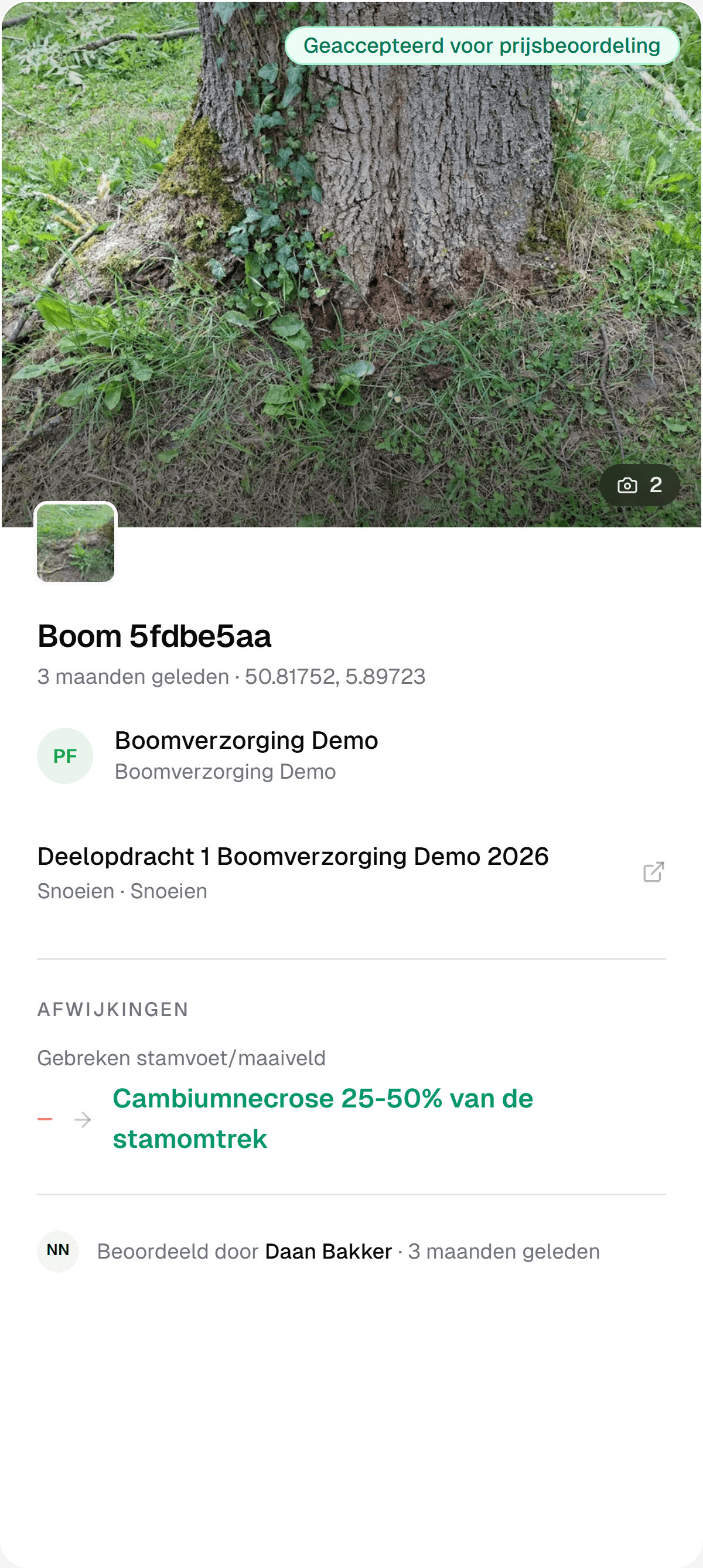 Een veldafwijking in IDA met bewijsfoto: de stamvoet van een boom met klimop, met het label Geaccepteerd voor prijsbeoordeling.