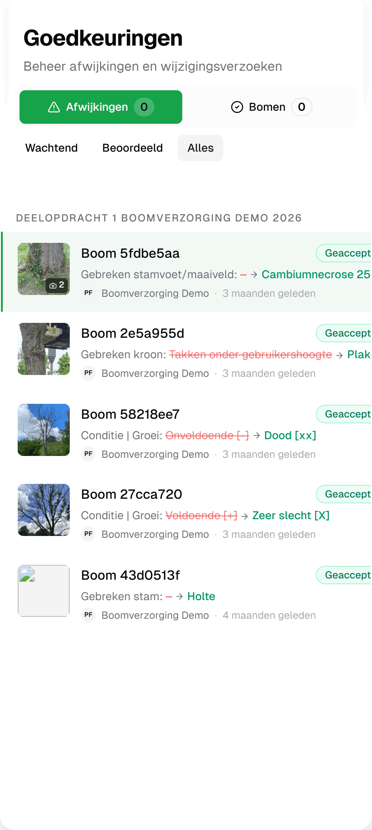 De wachtrij Goedkeuringen in IDA: per afwijking de foto uit het veld, de oude waarde doorgestreept en de nieuwe in groen, met erbij wie en wanneer.
