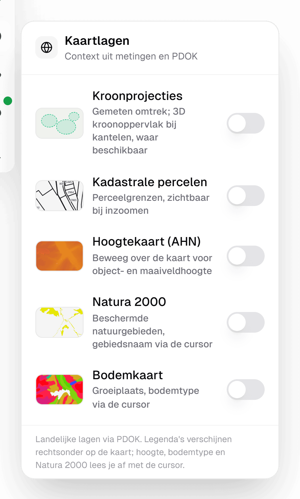 Het paneel Kaartlagen in IDA, met als ondertitel Context uit metingen en PDOK, en schakelaars voor Kroonprojecties, Kadastrale percelen en Hoogtekaart (AHN).