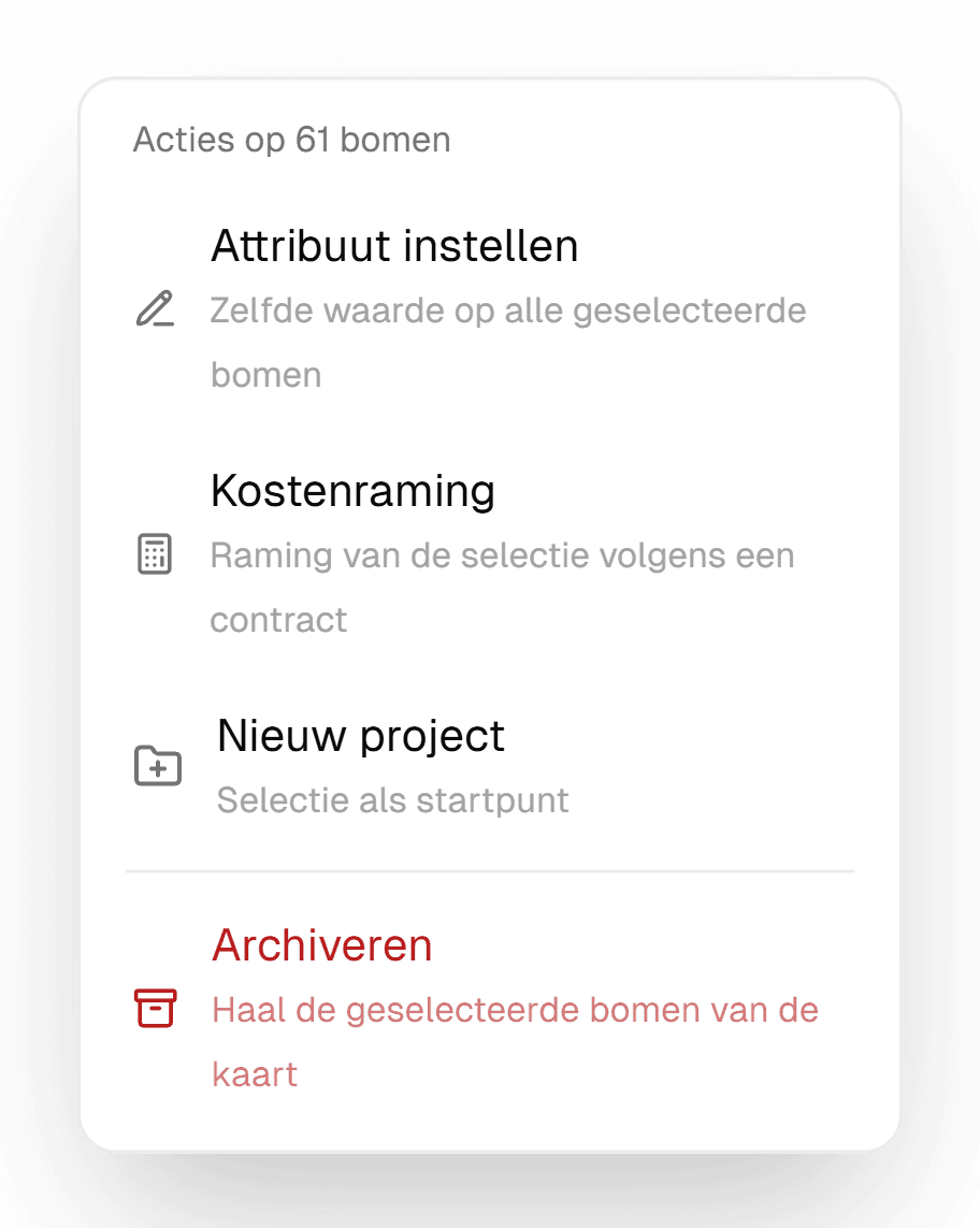 Het actiemenu voor een selectie van 61 bomen in IDA, met de acties Attribuut instellen, Kostenraming, Nieuw project met de selectie als startpunt, en Archiveren om de geselecteerde bomen van de kaart te halen.