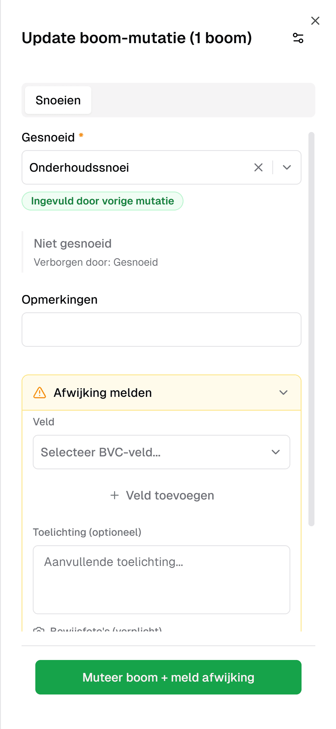 Het onderdeel Afwijking melden in het formulier van de veldapp van IDA: een keuzelijst Selecteer BVC-veld, de knop Veld toevoegen en een vak voor een aanvullende toelichting.