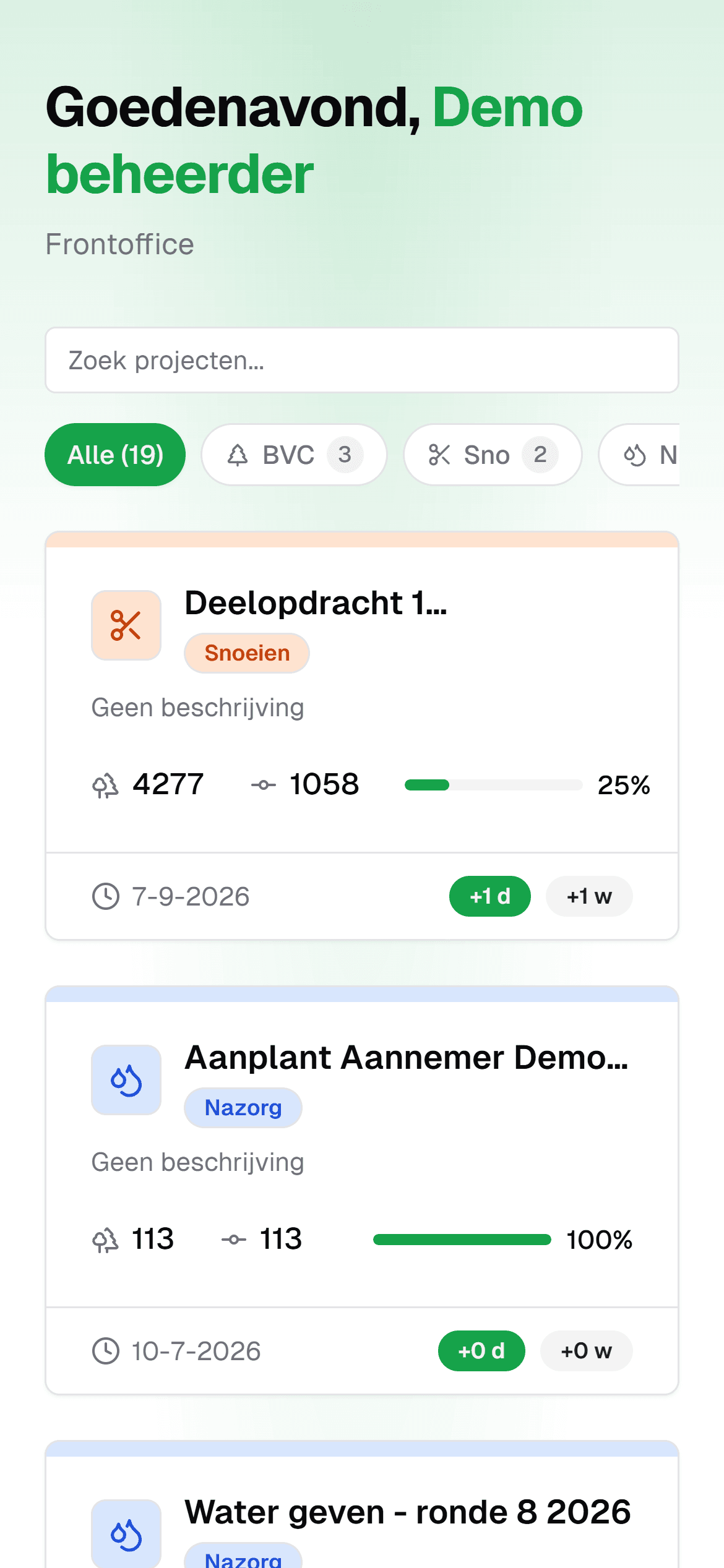 De projectenlijst in de veldapp van IDA op een telefoon: filters per type zoals BVC en Snoeien, en per project het aantal bomen, het aantal registraties, een voortgangsbalk en wat er vandaag en deze week is bijgekomen.