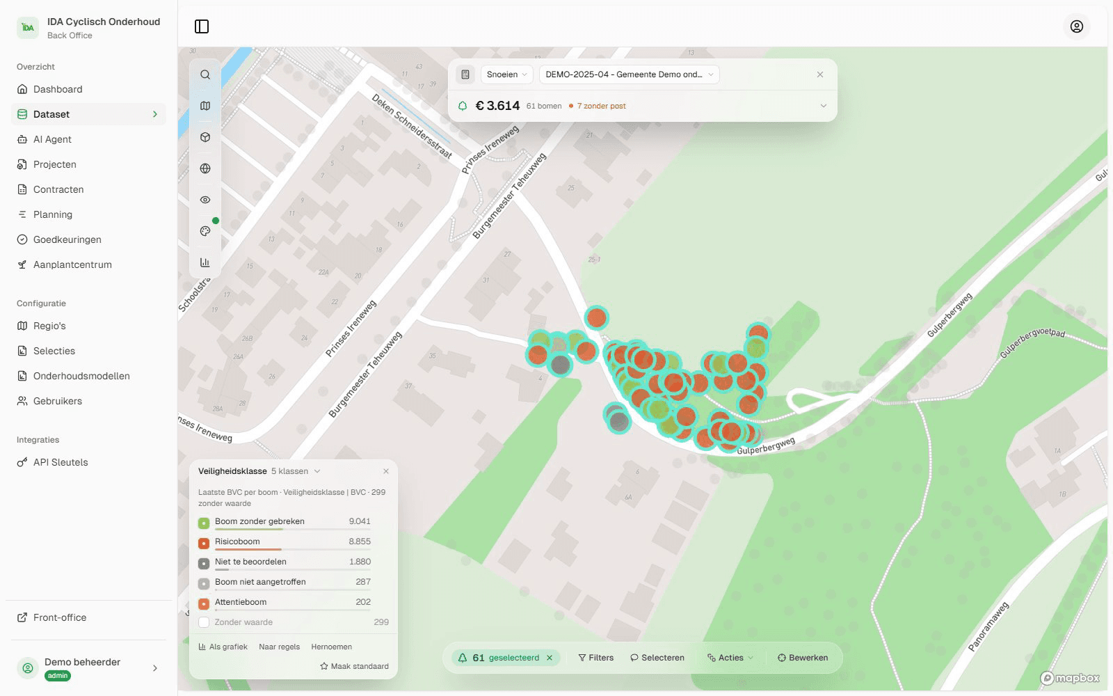 De dataset van IDA op de kaart: een blok bomen met de lasso geselecteerd, met bovenin de kostenraming van de selectie tegen het contract.