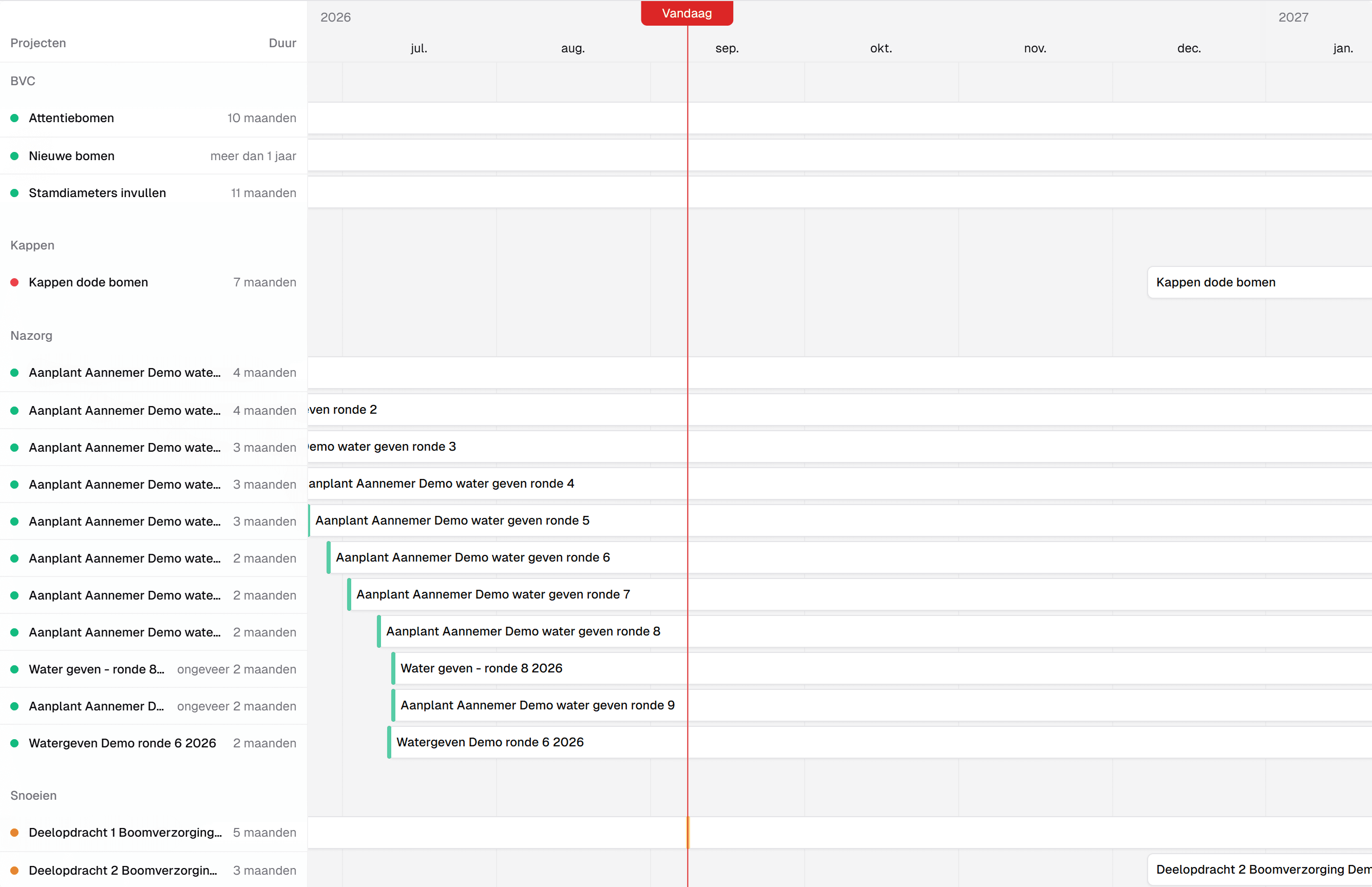 De projectplanning in IDA: een Gantt met projecten per type, de maanden erboven en de rode lijn op vandaag.